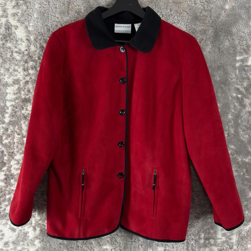 Alfred Dunner Petite Sz 12P Fleece Button Jacket Red Long Sleeve Zip Coat Pocket